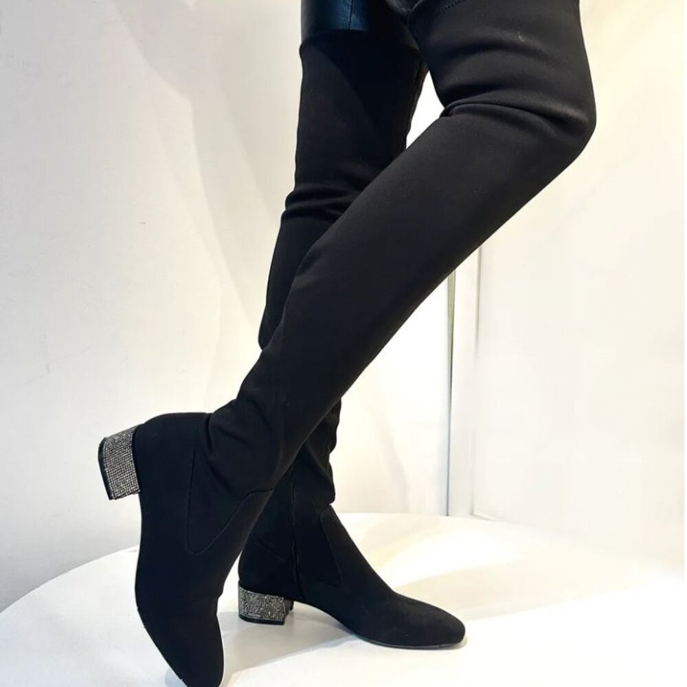 NEW Nina BLACK STRETCH JEWELED LOW-BLOCK HEEL BOOT Size 9